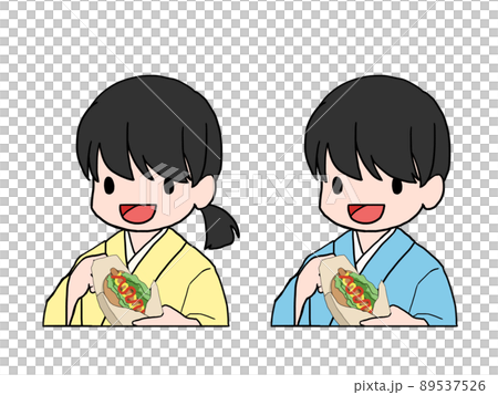 ホットドッグを食べる浴衣姿の日本人男女（上半身）のイラスト 89537526
