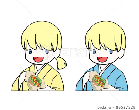 ホットドッグを食べる浴衣姿の白人男女（上半身）のイラスト 89537529
