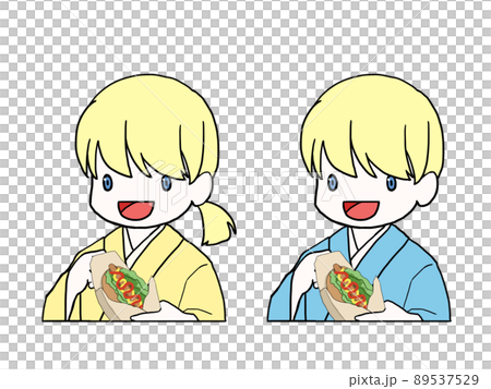 ホットドッグを食べる浴衣姿の白人男女（上半身）のイラスト 89537529