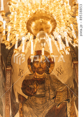 Mtskheta, Georgia. Close The Image Of Jesus Christ On The Fresco At The Inner Wall Of Svetitskhoveli Cathedral Of The Living Pillar, Ancient Georgian Orthodox Church. Fresco, Frescoes Mtskheta, Georgia. Close The Image Of Jesus Christ On The Fresco At The Inner Wall Of Svetitskhoveli Cathedral Of The Living Pillar, Ancient Georgian Orthodox Church. Fresco, Frescoes 89538853