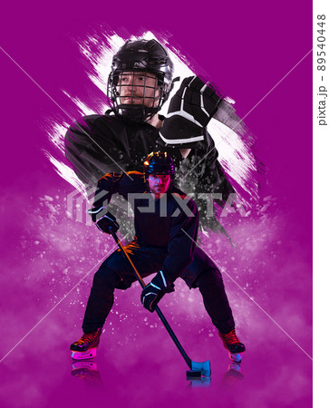 Creative collage with young man, hockey player in sports uniform over purple background. Concept of sport, power, energy, hobby. 89540448
