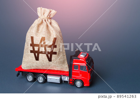 Truck with a south korean won money bag. Compensation. High super income. Payment of taxes. Debt load. Money transfers and transactions. Loan or deposit. Financial aid, investments and subsidies. 89541263