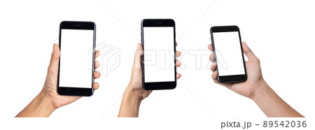 Hand man holding mobile smartphone with blank screen isolated on white background with clipping path 89542036