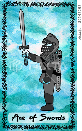 medieval knight armor warrior sword weapon battle helmet cartoon art hand drawing illustration design doodle sketch ace of sword tarot card fortune watercolor painting 89542292