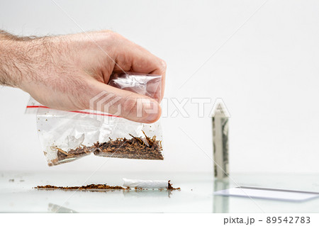 The concept of nicotine dependence and tobacco Smoking. A man's hand holds a bag of tobacco next to a paper bill, next to a Bank card. White background. Copy space The concept of nicotine dependence and tobacco Smoking. A man's hand holds a bag of tobacco next to a paper bill, next to a Bank card. White background. Copy space 89542783