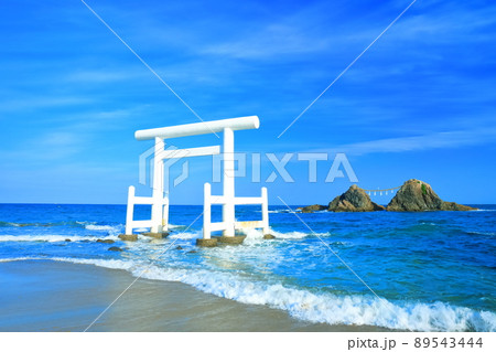 【福岡県】晴天下の桜井二見ヶ浦の夫婦岩と白鳥居 89543444