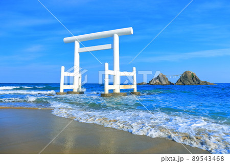 【福岡県】晴天下の桜井二見ヶ浦の夫婦岩と白鳥居 【福岡県】晴天下の桜井二見ヶ浦の夫婦岩と白鳥居 89543468