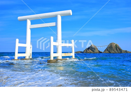 【福岡県】晴天下の桜井二見ヶ浦の夫婦岩と白鳥居 【福岡県】晴天下の桜井二見ヶ浦の夫婦岩と白鳥居 89543471