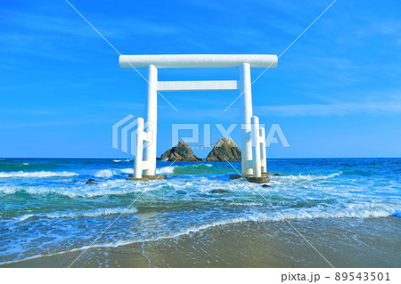 【福岡県】晴天下の桜井二見ヶ浦の夫婦岩と白鳥居 【福岡県】晴天下の桜井二見ヶ浦の夫婦岩と白鳥居 89543501