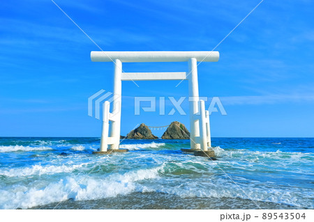 【福岡県】晴天下の桜井二見ヶ浦の夫婦岩と白鳥居 【福岡県】晴天下の桜井二見ヶ浦の夫婦岩と白鳥居 89543504