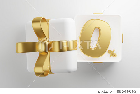 Golden zero percent or 0% in the white gift box with gold ribbon 3D render Golden zero percent or 0% in the white gift box with gold ribbon 3D render 89546065