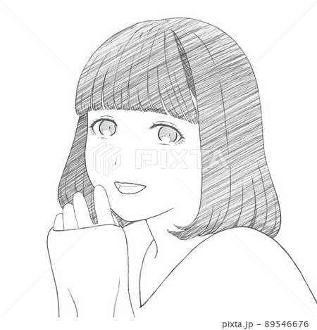 ボブヘアの笑顔の若い女性のイラストの線画　斜線有り 89546676