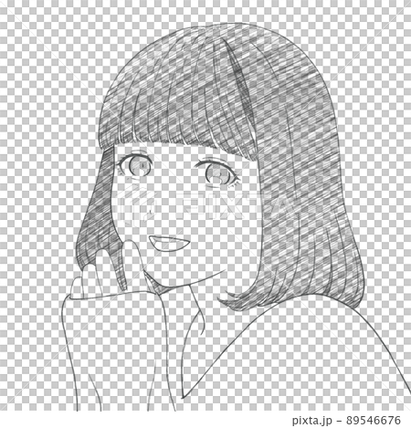 ボブヘアの笑顔の若い女性のイラストの線画　斜線有り 89546676