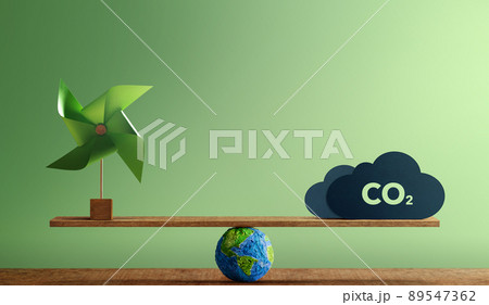 Carbon Neutral and ESG Concepts. Carbon Emission, Clean Energy. Globe Balancing between a Wind Turbine and CO2. Sustainable Resources, Environmental Care. Making a Wind Energy Carbon Neutral and ESG Concepts. Carbon Emission, Clean Energy. Globe Balancing between a Wind Turbine and CO2. Sustainable Resources, Environmental Care. Making a Wind Energy 89547362