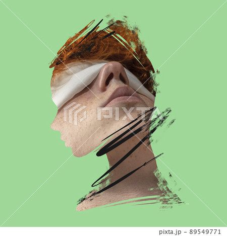 Creative art collage. Young man's face over green background. Poster graphics. Ideas, inspiration, fashion and emotions concept. 89549771