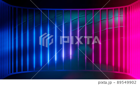 Futuristic sci-fi empty stage. reflective with Magenta and Blue fluorescent neon tube and multicolored smoke. Futuristic sci-fi empty stage. reflective with Magenta and Blue fluorescent neon tube and multicolored smoke. 89549902