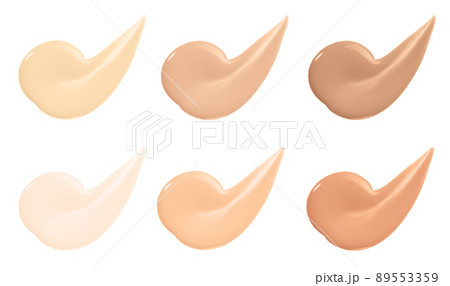 Beige nude liquid foundation set, concealer smear smudge drop. Collection different tones bb cream swatch sample isolated on white. Beige nude liquid foundation set, concealer smear smudge drop. Collection different tones bb cream swatch sample isolated on white. 89553359