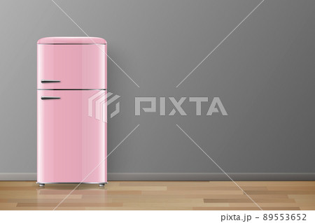 Vector Banner with 3d Realistic Glossy Pink Retro Vintage Fridge Isolated. Vertical Simple Refrigerator. Closed Fridge. Design Template, Mockup of Fridge. Front View 89553652