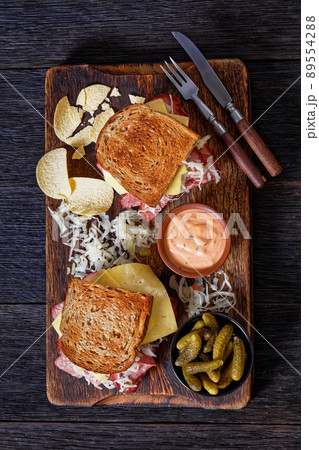 reuben sandwich with corned beef, top view reuben sandwich with corned beef, top view 89554288
