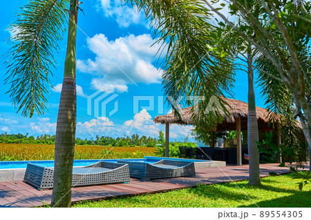 Cozy tropical resort with swimming pool in the backyard. Bright sunny day 89554305