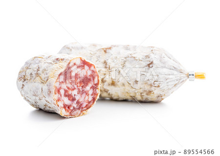 Traditional sausage with white mold. Dried pork salami isolated on white background. 89554566