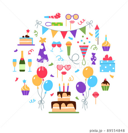 Event service concept on white background. Flat holiday management circle design. Birthday party dinner wedding celebration arrangement business. Gift cake balloons treat food vector illustration. 89554848