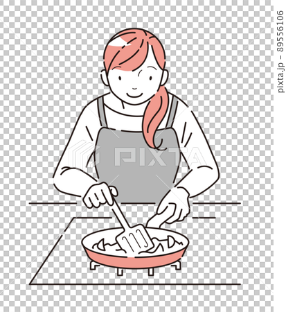 コンロのフライパンで食材を炒める女性 89556106