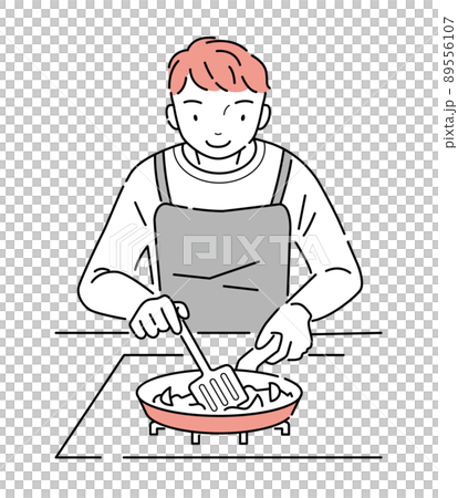 コンロのフライパンで食材を炒める男性 89556107