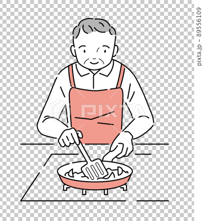 コンロのフライパンで食材を炒める年輩男性 89556109