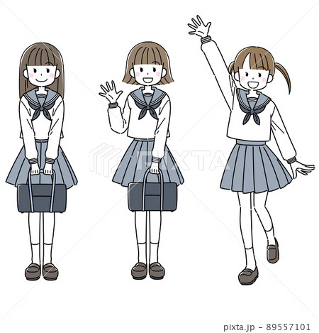 セーラー服で手を振る学生のイラスト素材