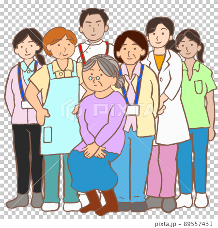 地域包括ケア　認知症の女性と多職種支援チームのイラスト 89557431