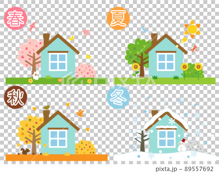 A set of illustrations of a house that imagines the changes of the four seasons 89557692