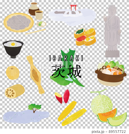 Ibaraki local gourmet and tourist attraction watercolor touch illustration 89557722