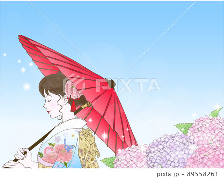 あじさいと和傘と晴れ着の女性(横向き,閉眼) 89558261