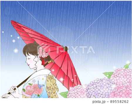 あじさいと和傘と晴れ着の女性 横向き 閉眼 雨 のイラスト素材 5562