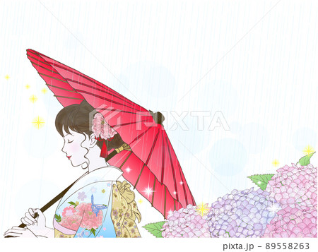 あじさいと和傘と晴れ着の女性(横向き,閉眼,雨,背景なし) 89558263