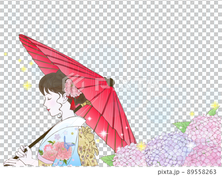 繡球花、日本雨傘和穿陽光衣服的女人（側身、閉眼、下雨、無背景） 89558263