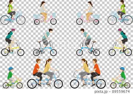 A set of people who ride various bicycles 89559674