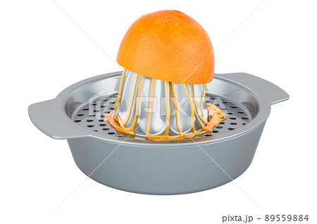 Citrus juicer manual squeezer with half an orange, 3D rendering 89559884