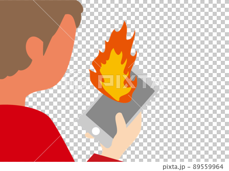 一個男人看著燃燒的智能手機屏幕的插圖 89559964