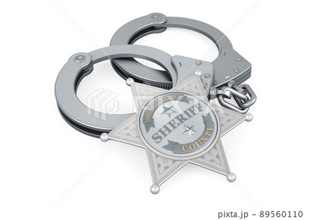Sheriff star badge and handcuffs. 3D rendering 89560110