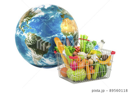 Shopping basket with products and Earth Globe. 3D rendering 89560118