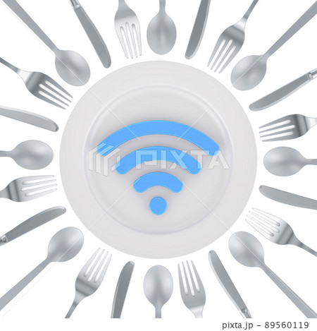 Free Wi-Fi zone concept. Wi-Fi symbol on the plate with knives, spoons and forks around, 3D rendering 89560119