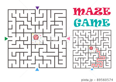 Square maze labyrinth game for kids. Logic conundrum with candy. Three entrance and one right way to go. Vector flat illustration Square maze labyrinth game for kids. Logic conundrum with candy. Three entrance and one right way to go. Vector flat illustration 89560574