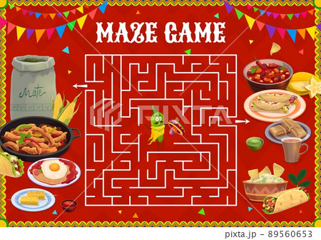 Labyrinth maze game help to jalapeno pepper find exit. Cartoon vector kids board game with mexican tex mex food and mariachi pepper character on square field with path. Children riddle, boardgame 89560653