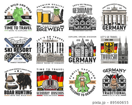 German travel vector icons with isolated flag and map of Germany, Bavarian beer, hunter hat and half timbered house. Alpine mountain ski resort, Brandenburg gate, Reichstag and cathedral symbols German travel vector icons with isolated flag and map of Germany, Bavarian beer, hunter hat and half timbered house. Alpine mountain ski resort, Brandenburg gate, Reichstag and cathedral symbols 89560655