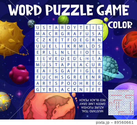 Cartoon galaxy space planets word search vector puzzle game worksheet. Kids quiz grid or education riddle with what color task, alien world universe colorful planets and stars on dark space background 89560661