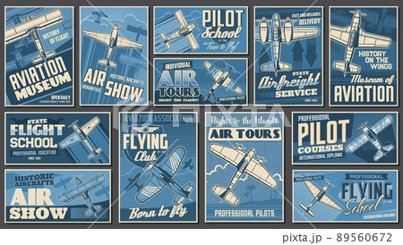 Aviation museum, flying school and air tours vintage banners. Retro aircraft show, airline delivery service, pilots club and courses posters. Propeller monoplane, biplane airplanes vector banners Aviation museum, flying school and air tours vintage banners. Retro aircraft show, airline delivery service, pilots club and courses posters. Propeller monoplane, biplane airplanes vector banners 89560672