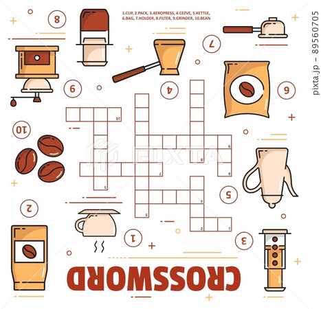 Coffee brewing, cup and beans crossword grid vector worksheet. Find a word quiz game puzzle, kids education fill in squares riddle with outline coffee pot, grinder, filter and pack, kettle, aeropress Coffee brewing, cup and beans crossword grid vector worksheet. Find a word quiz game puzzle, kids education fill in squares riddle with outline coffee pot, grinder, filter and pack, kettle, aeropress 89560705
