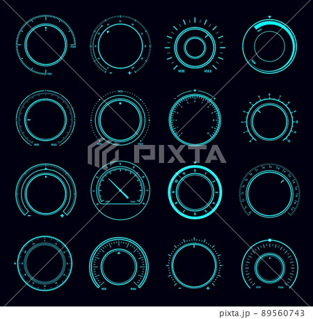 HUD dial interface, volume round knob switch and music sound control regulators. Vector head up display digital buttons of Sci Fi or futuristic game UI, sound level knobs with max min scales 89560743